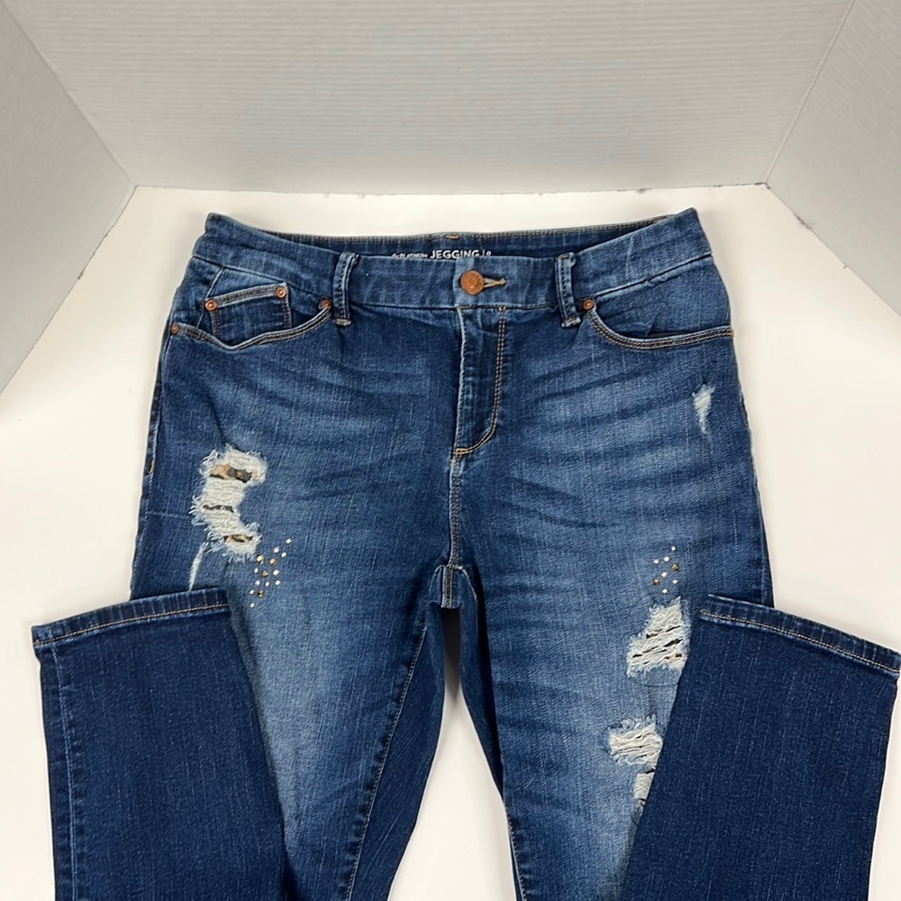 Chico’s “The Platinum Jegging” Distressed/Sequin Embellished Jeans